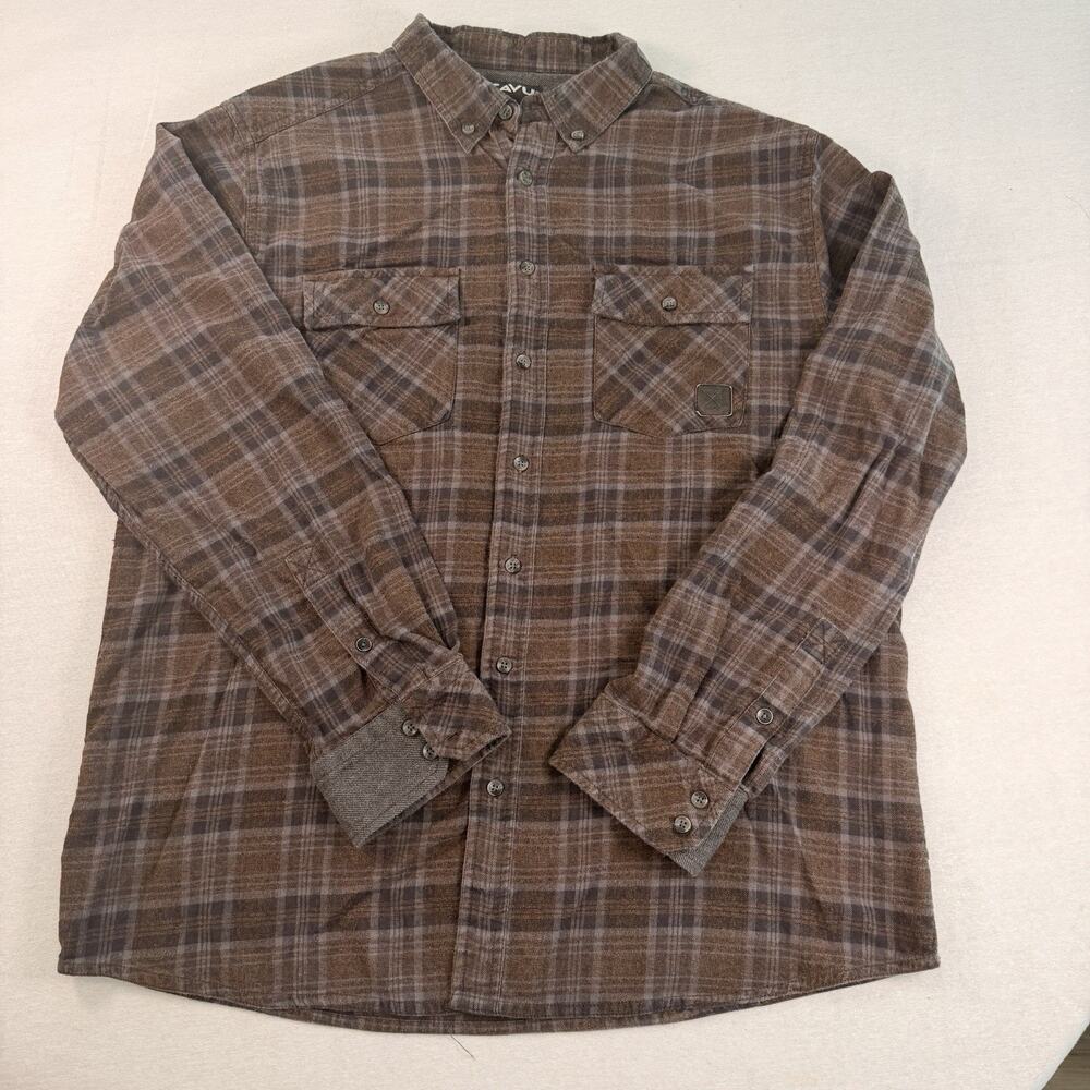 KAVU Mens XL Brown Plaid Button Up Shirt Long Sleeve Two Pocket Outdoor Casual
